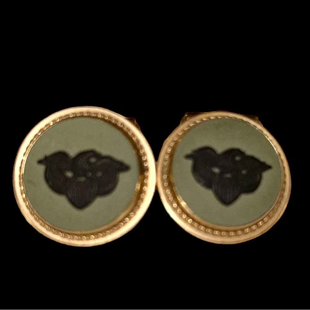Vintage Cuff Links With Bald Eagle Insignia Green/Gold Tone Metal